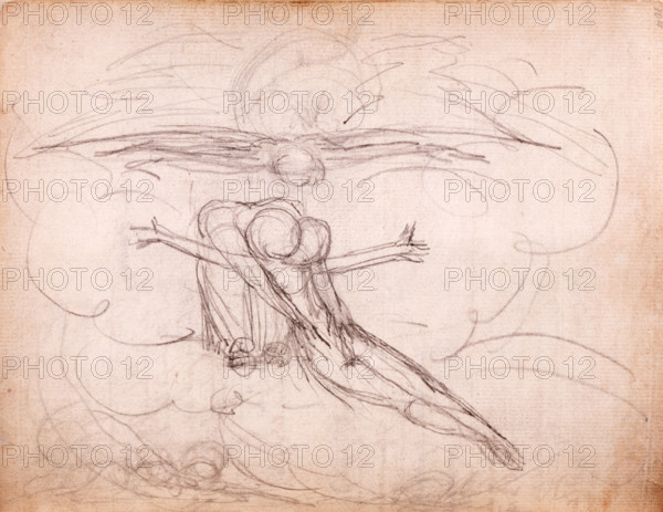 Sketch of the Trinity, c1787-1818. Embracing figures. Sketch on a page from the Manuscript Notebook, William Blake's preparatory drawings for his collection of poems, "Songs of Innocence and of Experience".