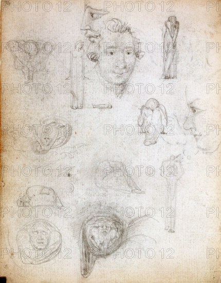 Alphabetic human forms, c1787-1818. Page from a sketchbook. Drawing adopted for the poem 'Holy Thurdsay', in "Songs of Experience", just to the left of a portrait drawing of Tom Paine. With drawings used for the poem 'My Pretty Rose Tree' and the frontispiece lower right and middle. From the Manuscript Notebook, William Blake's preparatory drawings for his collection of poems, "Songs of Innocence and of Experience".
