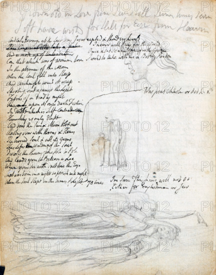 Emblem 33; youth leading age, c1787-1818. Page from a sketchbook. Pencil drawing adopted for the poem 'London', in "'Songs of Experience", with sketch below used for the large colour print 'Elohim creating Adam'. From the Manuscript Notebook, William Blake's preparatory drawings for his collection of poems, "Songs of Innocence and of Experience", produced using 'illuminated printing' - image and text together, with the text engraved rather than printed.