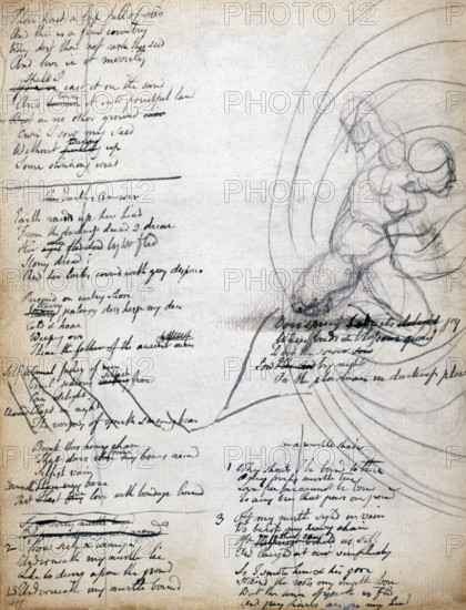Earth Answer, c1787-1818? Page of drawings and text from a sketchbook. From the Manuscript Notebook, William Blake's preparatory drawings for his collection of poems, "Songs of Innocence and of Experience".