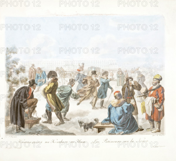 Les Patineurs sur la Neva, c1811-c1813. Winter scene: ice skaters on the River Neva in St Petersburg, Russia. In the background is the palace of the Hermitage.