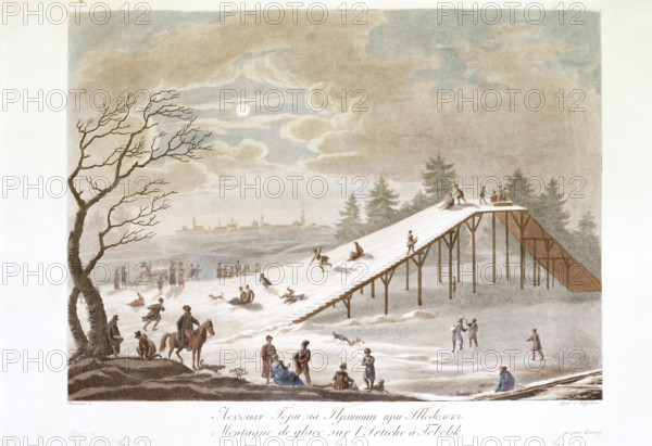 Montagne de glace sur l'Irtiche à Tobolsk, c1811-c1813. Winter scene in Russia: people tobogganing down the 'ice mountain' on the Irtysh River at Tobolsk.