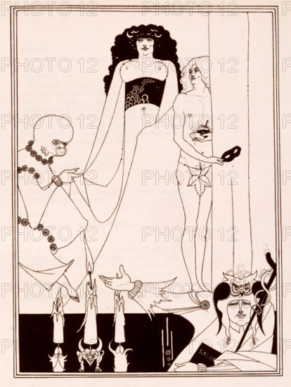 Enter Herodias, 1907. Illustration from "Salome. A tragedy in one act: translated from the French [by Lord Alfred Douglas]... with sixteen drawings by Aubrey Beardsley". Salome was a one-act tragedy by Oscar Wilde, first published in French in 1893. The most familiar English translation is by Douglas, extensively revised by Wilde, and originally published in 1894. [New York, 1907].