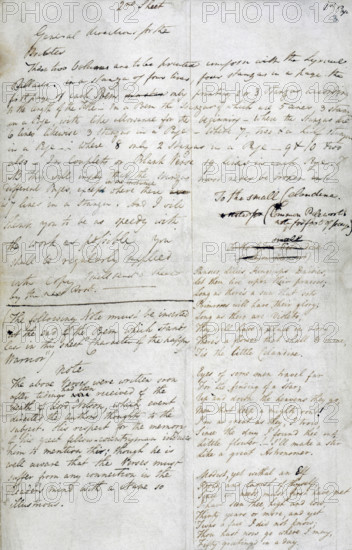 Instructions for the printing of William Wordsworth's poems, 1807. Wordsworth explains how he wants the stanzas to appear on the page, and adds a note about how the death of Horatio Nelson at the Battle of Trafalgar in 1805 has influenced his writing. '2nd Sheet - General direction for the Printer. These two volumes are to be printed [?] with the Lyrical Ballads, in a stanza of four lines, four stanzas in a page. The first page of each Poem only printing 2 or 3 stanzas according to the length of the Title...The following Note must be inserted at the end of the Poem which stands last in this sheet "Character of the Happy Warrior"/ note - The above verses were written soon after tidings had been received of the death of Lord Nelson, which event directed the Author's thoughts to the subject. His respect for the memory of this great fellow-countryman induces him to mention this; though he is well aware that the verses must suffer from any connection in the Reader's mind with a name so illu...
