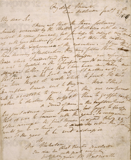 Letter from William Wordsworth to John Scott, editor of "The Champion", with three sonnets on the Battle of Waterloo, 29 Jan 1816. 'Rydal Mount, near Ambleside. My dear Sir, I know not that the three following sonnets, occasioned by the Battle of Waterloo will do any credit to your journal; but perhaps the subject may make up with your Readers if it does not tell the contrary way for the [?] of the execution. If you think them deserving of publication, they may follow [?] three which I understand from Haydon you expressed a wish to publish in the Champion. On [?] to Haydon's [letter?] I find that I have been mistaken, and that the wish is on his part only. It matters not; if you have thought it worth while to print [?] two [?] sonnets sent to Haydon. These I think will be acceptable to you; though they are composed rather to declaim the subject than to grapple with it. A friend of mine, in this neighbourhood has just ordered your journal, but forgot to specify that it was to commence w...
