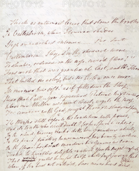 'At Vallombrosa' - a poem by William Wordsworth, 1840-1841. 'Thick as autumnal leaves that strew the Brooks In Vallombrosa, where Etrurian shades High over-arched embower. Par(adise) Lost. "'Vallombrosa. I longed in thy shadiest wood To slumber, reclined on the moss-cover'd floor!' Fond wish that was granted at last, and the Flood, That lulled me asleep, bids me listen once more. Its murmur how soft! as it falls down the steep, Near that [Coll?] - yon sequestered Retreat high in air, Where our Milton was wont lonely vigils to keep For converse with God, sought through study and prayer. The Monks still repeat the tradition with pride, And its truth who shall doubt? for his Spirit is here; In the cloud-piercing rocks doth her grandeur abide, In the pines pointing heavenward her beauty austere; In the flower-besprent meadows his Genius we trace Turn'd to humbler delights, in which youth might confide, That would yield him fit help while prefiguring that Place Where, if Sin had not enter'd...