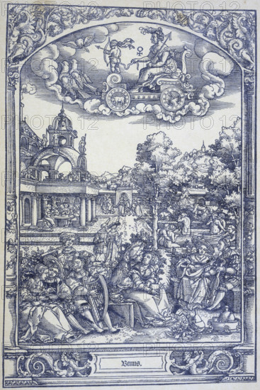 The planet Venus and lovers, c1535. Venus, personification of love and pleasure, rides across the sky, holding the blindfold Cupid who aims an arrow at a winged heart. Below are lovers, relaxing in a garden, who come under her sphere of planetary influence. Some play music, read books, or stroll in the grounds, while others bathe naked in a pool. A favourite motif among medieval and Renaissance illustrators were the areas of life thought to be under the special control of each planet.