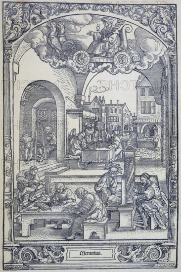 The planet Mercury and artists, scholars and technicians, c1535. Mercury rides through the clouds in a carriage drawn by birds. Below are musicians, astronomers, artists and scholars who come under his sphere of planetary influence. A favourite motif among medieval and Renaissance illustrators were the areas of life thought to be under the special control of each planet.