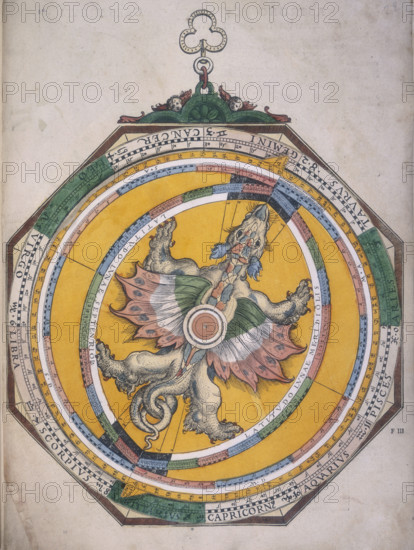 Dragon volvelle, 1540. A volvelle, a movable device for finding the places of the planets within the zodiac. A dragon sits in the middle, showing the latitude of the Moon. Its head and tail, caput and cauda, acquired the status of planets in classical astrology. These points were in fact the lunar nodes, the two places where the moon's path crossed the ecliptic each month. The dial gives the position of the nodes through the year. The lunar nodes have been referred to as a dragon's head and tail because of a mythological idea that stated the nodes were dragons which ate the moon or sun. From Astronomicum Caesareum.