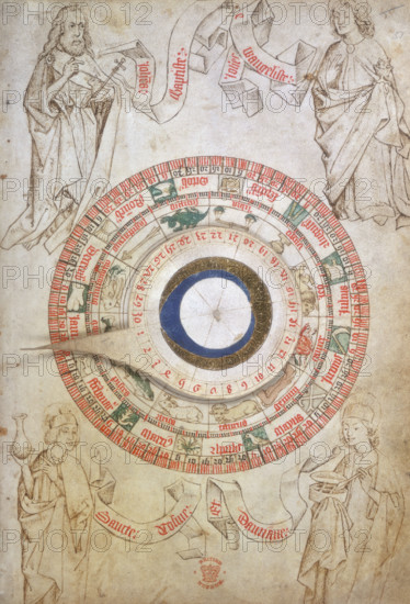 Circular zodiacal lunar scheme, 1486. Illustration from a surgeon's manual showing an adjustable horoscope-dial to set the position of the Sun. The medieval practice of astrological medicine decreed that the dominant influence on the balance of the four humours came from the heavens, and activities such as bleeding must not be undertaken unless the planets were in favourable positions. This dial would have calculated whether it was safe to carry out medical procedures according to the position of the planets. Additions made before 1768. From the Guild Book of the Barber Surgeons.