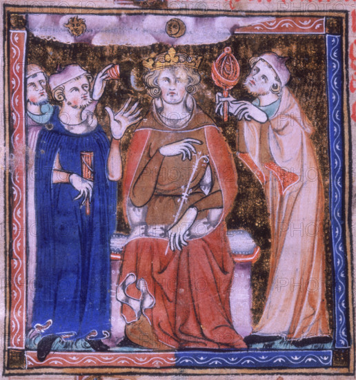 King (Alexander) with an astrologer and a physician, 1326-1327. From Pseudo-Aristotle, Secretum Secretorum, a treatise on divination supposedly written by Aristotle for Alexander the Great. Translated by Philip of Tripoli (Philippus Tripolitanus).