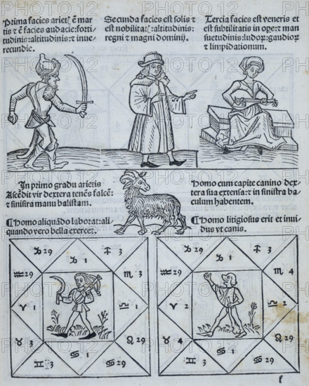 Horoscope types, 1488. These little images show a horoscope and indicate the likely character of the subject such as the curious one on the bottom right: Homo cum capite canino - man with a dog's head. 'This man was quarrelsome and as unpopular as a dog.' The three figures above are the decans of Aries. Each zodiac sign is divided into three sections, and each section contains 10 days. These sections are known as decans.