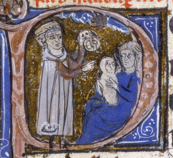 An astrologer discusses a child's horoscope with its mother, early 14th century. From their anxious looks, the horoscope must be a bad one. From a medieval manuscript of Ptolemy's "Tetrabiblos" (Four Books). The books explore the ways in which the configurations of the heavens can affect what happens on earth, including what happens to people.