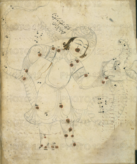 The snake charmer, 10th century. A Persian representaion of the constellation Ophiuchus, otherwise known as the serpent holder. From the star catalogue of the Persian astronomer Al-Sufi.