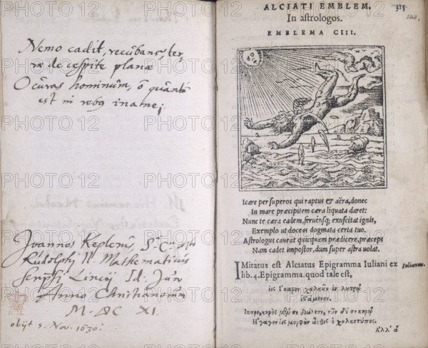 The fall of Icarus, 1573. Icarus has flown too near to the sun, the heat of which has destroyed his feather wings. He is plunging into the sea. It is an illustration to the poem 'In Astrologos' which is found in "Emblemata Liber" (The Book of Emblems). Opposite this is the autograph of the astronomer Johannes Kepler. Typically, an emblem book would comprise pages of a title, a picture, and a short poem that explained the allegorical meaning of the image named in the title and shown in the picture.