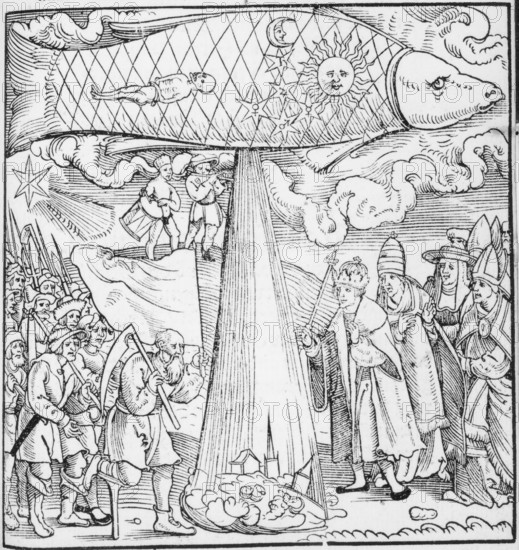 The predicted floods of 1524, (1523). In the sky is a great fish representing Pisces. A flood pours from it sweeping away a small group of houses and people directly below it. A pope, members of the clergy and a king gather on the right, and on the left are a crowd of men carrying tools and spears. In 1517 astrologers began to concern themselves with the Great Conjunction of all the planets in the constellation Pisces which would occur in February 1524. It was believed that the world had begun when all the planets were in conjunction with Aries, the starting point of the zodiac. Therefore it seemed possible to them that the world could end when a conjunction took place in Pisces, the end of the zodiac. It was the subject of intense interest, and various disasters were anticipated, especially a universal flood. From Practica vber die grossen vnd manigfeltigen Coniunction der Planeten (on the great and manifold conjunctions of the planets).