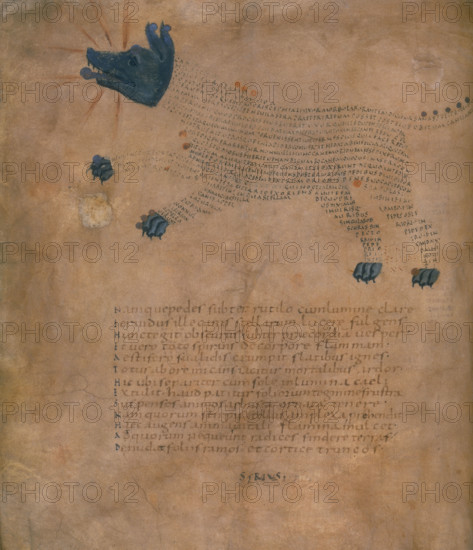 Illustration of the constellation Sirius, with text, c820-840 AD. Sirius is the brightest star in the sky, after the Sun. The ancient Egyptians called Sirius the dog star, after their god Osiris, whose head in pictograms resembled that of a dog. From Cicero's Latin translation of Aratus's "Phaenomena", which is an ancient literary source of constellations. Aratus of Soli was a poet of the early third century BC. From the Harley Aratus.