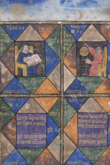 Alchemists at work, 15th century. An alchemist consulting a chart, and conducting an experiment. Alchemists believed that their experiments must be conducted at astrologically favourable times because the earthly elements which they were manipulating were in fact embodiments of planetary qualities.