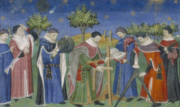 Medieval astrologers and surveyors at work, 15th century. The men are said to be Egyptians, repeating the classical and medieval belief that the mathematical sciences, including astrology, were discovered by the Egyptians.