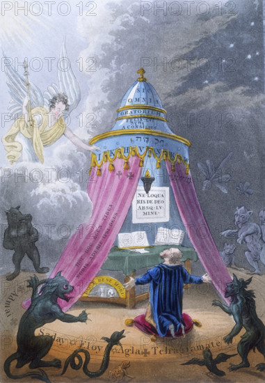 Magic ceremony, 1825. A theurgist performing rituals to exercise divine powers on earth. A circle on the ground is inscribed with sacred names and symbols. Hideous devils and monsters stand outside the sacred circle, looking towards a tabernacle - a man kneels before it performing theurgistic rites. Left, an angel descends in a flood of light, presumably bringing from God the power to act on the physical world.  'Such were the mystic rites, ceremonies and incantations, used by the ancient Theurgists to burst asunder the bonds of natural order, and to obtain an awful intercourse with the World of Spirits'. 'Sic omnia' (thus are all things), Oratorium (place of prayer), 'Felix cui [Hebrew tetragram] a consilius' [consiliis] (happy is he who is advised by God??), 'IKHVNRW' (beginning of name of Heinrich Khunrath?), 'Ne loqueris de deo absque lumine' (do not speak of God without light), 'Hoc hoc agentibus nobis aderit ipsi [ipse] Deus' (To us when we do these things God himself shall be pr...