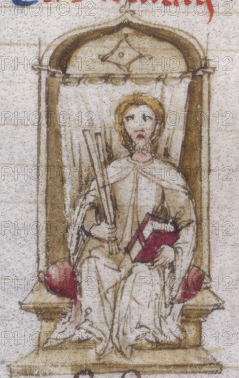 A man seated on a throne holding a book, late12th-early 13th century. From a manuscript by the Scottish mathematician and scholar Michael Scot (1175 -c1232) nicknamed The Magician. Scot wrote many books on such subjects as necromancy, alchemy and divination. Legend says that he was skilled in wizardry and occult experiences. He was attached to the court of Emperor Frederick II.
