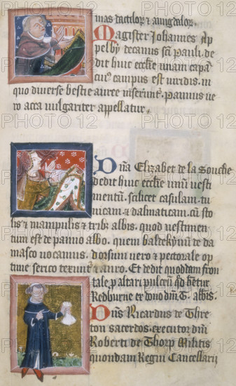 Benefactors to St Albans Abbey, 1380. Depicted here are John Appleby, a Dean of St Paul's; Elizabeth de la Zouche; and Richard de Threton, a priest, holding a purse or bag of money. From the "Golden Book of St Albans", compiled in 1380, listing gifts made to St Albans Abbey and giving portraits of each of the abbey's benefactors.