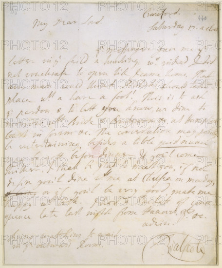 Letter written by Sir Robert Walpole, c1720s. This letter from Walpole was written to his associate Thomas Pelham-Holles, 1st Duke of Newcastle. [Cranford?], Saturday 13 [illegible] 'My Dear Lord, Yr messenger gave me Yr letter in the feild a hunting,  wch indeed I did not vouchsafe to open till I came home. That any man could think Politicks should take place wth a hare a foot! This is to ask yr. pardon & to lett you know, we dine to morrow [with?] Bride & Bridegroom etc. at Hampton Court in [illegible]. The conversation may possibly be entertaining, besides a little guidance may be gott before dinner. If you'l come thither, I shall be glad to meet you, if not [illegible] you'l dine w. me at Chelsea on Monday, or if you'l be very good, make me happy w. both. I had a Packett of consequence late last night from Hanover &c [illegible] Bring Wattkins to wait in the outward Room'. The 'Bride & Bridegroom' he refers to may possibly have been William IV, Prince of Orange, and Anne, Princess ...