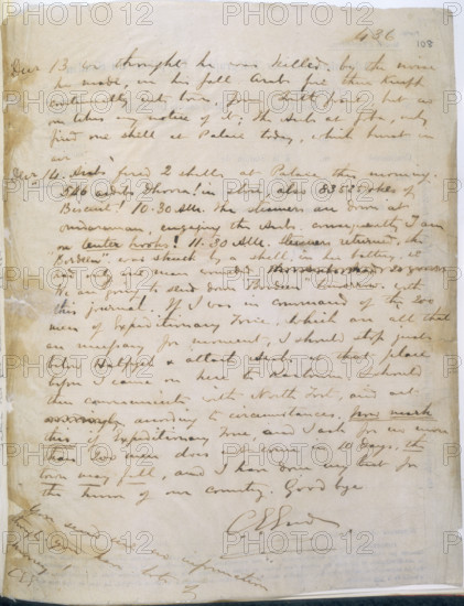 The last page of General Gordon's journal, 1885. Page of a journal of the siege of Khartoum, kept by Gordon on the back of telegraph forms. 'Arabs fired two shells at the Palace this morning...The steamers are down at Omdurman, engaging the Arabs, consequently I am on tenter hooks! 11:30 A.M. Steamers returned; the "Bordeen" was struck by a shell, in her battery; we had only one man wounded. We are going to send down "Bordeen" to-morrow with this journal. If I was in command of the two hundred men of the Expeditionary Force, which are all that are necessary for the movement, I should stop just below Halfyeh & attack Arabs at that place before I came on here to Kartoum...NOW MARK THIS, if Expeditionary Force, and I ask for no more than two hundred men, does not come in 10 days, the town may fall; and I have done my best for the honour of our country. Goodbye. C. G. Gordon'. Across the bottom of the page Gordon has scribbled: 'You send me no information though you have lots of money!'. I...