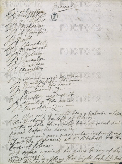 Notes to a meeting about the fate of James II, 1688. Following William of Orange's invasion of England in 1688 at the invitation of a group leading Englishmen opposed to James II's pro-catholic policies, a meeting of peers was held at Windsor to decide how James should be dealt with. George Savile, Marquess of Halifax, presided over the meeting and these are his notes of its deliberations. Some Lords wanted to send James to the Tower and Halifax notes at the foot of this page, 'All spoke against his going to any of his own houses. Would not do anything that might look like treating him as a King'. James was eventually allowed to escape to France.