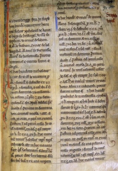 Transcript of notes to the Domesday Book, 12th century. Later transcript of the 'Inquest of the Country of Cambridge', notes compiled in the course of the famous survey of England made in 1086. The findings of this elaborate survey made at the command of William the Conqueror are summarised in the Domesday Book. The Cambridge Inquest was based on notes taken during the hearings of the commissioners who made the survey and contains information omitted from the Domesday Book.