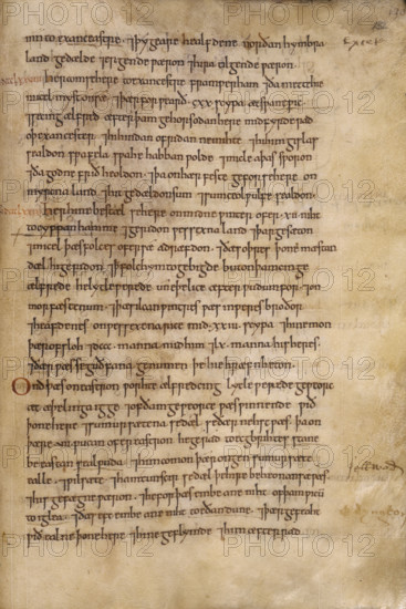 Excerpt from the Anglo-Saxon Chronicle, c1046. The Anglo-Saxon Chronicle, probably begun at the command of King Alfred, was the first history of England in the English language. Six versions of the Chronicle, kept up to date at different monasteries, survive, four of which are in the British Library. Illustrated here is a page from a text probably copied at Abingdon Abbey in about 1046. The last paragraph describes the defeat of the Danes by King Alfred at Edington in Wiltshire in 878.