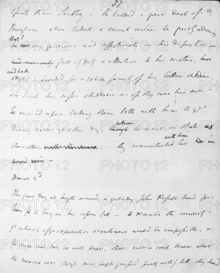 Excerpt from the diary of Charles Greville, 1831. This entry, for 2nd March 1831, from the famous political diary of Charles Greville, describes the introduction in the House of Commons on the previous day of the unsuccessful first bill of Lord Grey's government for parliamentary reform. ' March 2d. To describe the curiosity the intensity of the expectation & excitement would be impossible,' writes Greville, '& the secret had been so well kept, that not a soul knew what the measure was (though most people guessed pretty well) till they heard (it)'.
