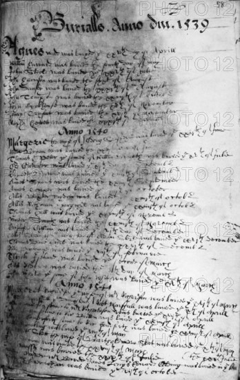Parish register, late 16th century. The first entries for burials in 1539, 1540, and 1541 from the register of St Peter's church in Dunwich, the Suffolk town which has been swallowed up by the sea. The register was rescued from the church shortly before it finally fell into the sea in 1697; its pages have been stained by water. In 1538, Thomas Cromwell ordered that churches should enter in a book details of every baptism, marriage and burial, thus initiating parish registers - one of the most important series of local records. Hardly any original registers of this period survive; most early parish registers are, like this example, late 16th-century transcripts made in response to an order that existing registers, which were mostly on paper, should be copied into more durable parchment books.