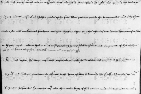 The "Act in Restraint of Appeals to Rome", reformation statute, 1533. This was the first of the statutes for the reformation of the English church passed under Henry VIII to attack directly the pope's authority in England. Pictured is a draft of the act which contains a few amendments by Henry himself. Underneath the fourth line he has inserted the words; 'off and frome the sayd imperiall crowne and none other wyse', in order to emphasise the power of both secular and church courts derived from the king.