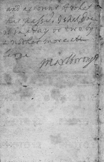 Note from the Duke of Marlborough reporting his victory at Blenheim, 1704. This note, hastily scribbled in pencil on pages ripped from a notebook, from John Churchill, 1st Duke of Marlborough, to his wife Sarah, reports his victory over the forces of the French King Louis XIV and his Bavarian allies at Blenheim in southern Germany in 1704. The note, dated August 13, reads: 'I have not time to say more, but to beg you will give my duty to the Queen and let her know her Army has had a glorious victory. Monsieur Tallard and two other Generals are in my coach and I am following the rest: the bearer, my aide-de-camp, Colonel Parke, will give her and account of what has passed. I shall doe it in a day or two, by another more at large. Marlborough'.