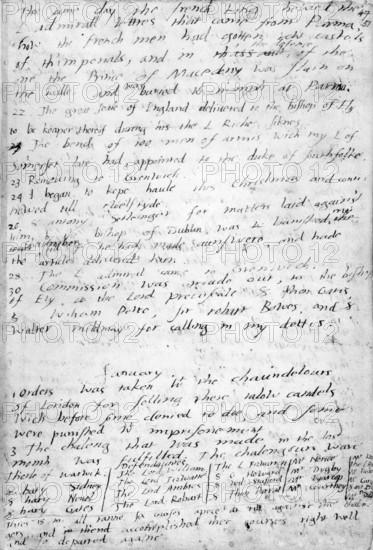 Page from the diary of King Edward VI, c1551-c1552. Edward VI succeeded to the English throne in 1547 at the age of nine and died six years later. These entries from his diary cover the end of December 1551 and beginning of January 1552, when Edward's uncle, Edward Seymour, Duke  of Somerset, who had ruled the country for Edward during the first three years of his reign, was in the Tower awaiting execution. Edward does not express any concern about his uncle's fate. The entries for 23rd and 24th December, for example, concentrate on preparations for Christmas: '23. Removing to Grenwich [Palace]. 24. I began to kepe haule this Christmas and continewed till twelftide'. He also mentions 'the French king', and the Prince of Macedonia who 'was slain on the walles and was buried [?] triumph at Parma. 22. The great seale of England delivered to the bishop of Ely'. Further on he discusses tallow candles.