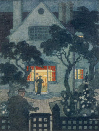 Home, 1913. A husband, back from work, is about to open the gate, while his wife stands in the doorway to welcome him. A traditional view of the family where the wife is expected to stay at home and wait on the bread-winning husband. From "The Art and Craft of Home-Making, with an appendix of 200 household recipes, by Edward W. Gregory. Illustrated by a hundred pen-and-ink drawings by the author & thirty photographs". (Thomas Murby & Co, 1913).