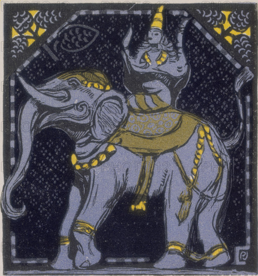 Elephant and rider; scene from "The Jungle Book", 1919. From a French translation of "The Jungle Book" by Rudyard Kipling.