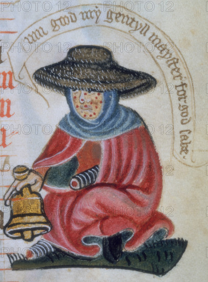 Disabled leper ringing a bell, c1400. Seated woman with leprosy wearing a wide-brimmed hat. She appears to have lost a hand and a foot. 'Sum good my gentyll mayster for god sake'. From a Pontifical.