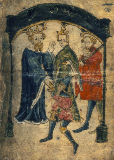 Gawain's return to court, c1375-1400. Sir Gawain presents himself to Arthur and Guinevere. From Sir Gawain and the Green Knight.