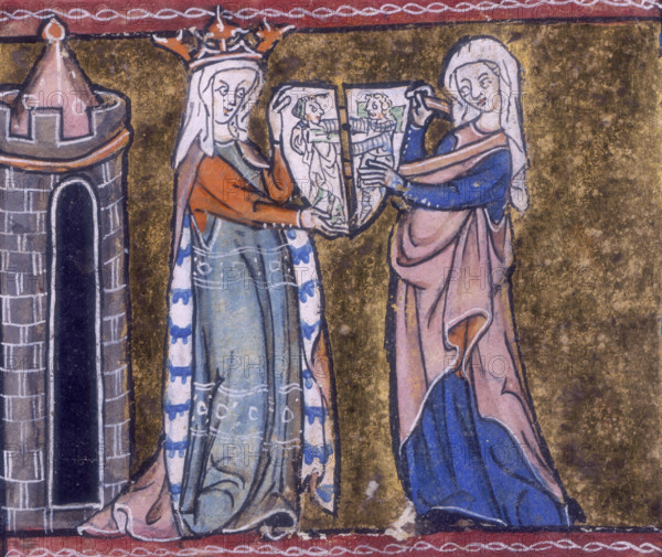 Guinevere with the cleft shield, c1316. Queen Guinevere and another woman holding two halves of a shield. From Le Livre de Lancelot del Lac.