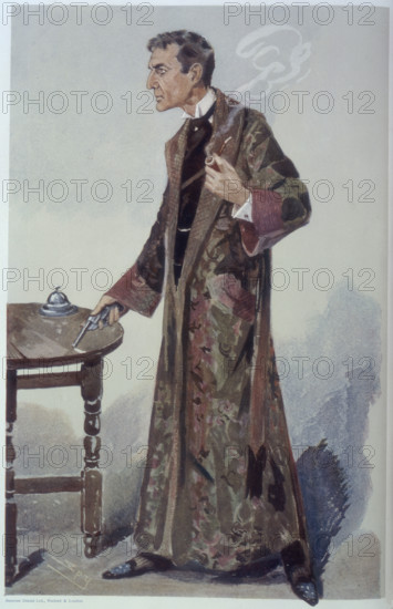 Sherlock Holmes holding a pipe and revolver, late 19th-early 20th century. Holmes with his trademark pipe, stands holding a gun, wearing a dressing gown. The famous fictional detective was invented by Arthur Conan Doyle.
