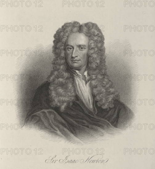 Sir Isaac Newton, 1700, (1834-1837). Newton (1642-c1726) was an English mathematician, physicist, astronomer, alchemist, theologian and author who made significant contributions to the fields of classical mechanics, optics, and infinitesimal calculus. He is famed for his discovery of gravity when he watched an apple fall from a tree. He used the Latin word gravitas (weight) for the effect that would become known as gravity, and defined the law of universal gravitation. Plate 1 from "Lives of Eminent and Illustrious Englishmen, from Alfred the Great to the Latest Times", Vol 1. [Glasgow & Edinburgh, 1834-37]