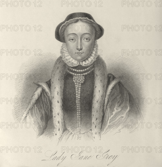 Lady Jane Grey, c1553, (1834-1837). Lady Jane (1537-1554) was the great-granddaughter of Henry VII and titular queen of England for nine days in 1553. Beautiful and intelligent, at the age of 15 she reluctantly allowed herself to be put on the throne by unscrupulous politicians; her subsequent execution by Mary Tudor aroused universal sympathy. Plate 3 from "Lives of Eminent and Illustrious Englishmen, from Alfred the Great to the Latest Times", Vol 1. [Glasgow & Edinburgh, 1834-37]
