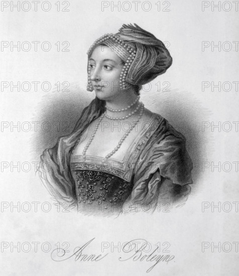 Anne Boleyn, c1530, (1834-1837). Anne Boleyn (c1504-1536) married King Henry VIII in 1533. She provided him with a daughter, the future Elizabeth I (1533-1603), but not the male heir he desired. Henry had Anne arrested on charges of adultery, incest and treason. Although the charges were almost certainly fabricated, Anne was found guilty and beheaded on 19 May 1536. Henry married his third wife, Jane Seymour, the day after Anne's execution. Plate 5 from "Lives of Eminent and Illustrious Englishmen, from Alfred the Great to the Latest Times", Vol 1. [Glasgow & Edinburgh, 1834-37]