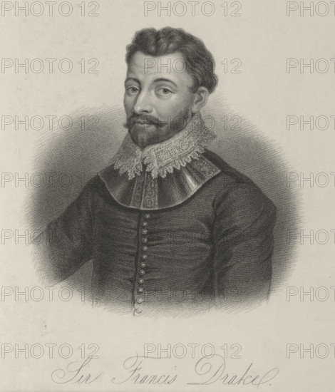 Sir Francis Drake, c1580, (1834-1837) .Sir Francis Drake (c1540-1596, Elizabethan sea captain, privateer, slave trader, naval officer and explorer, died of dysentery in January 1596. Plate 1 from "Lives of Eminent and Illustrious Englishmen, from Alfred the Great to the Latest Times", Vol 2. [Glasgow & Edinburgh, 1834-37]