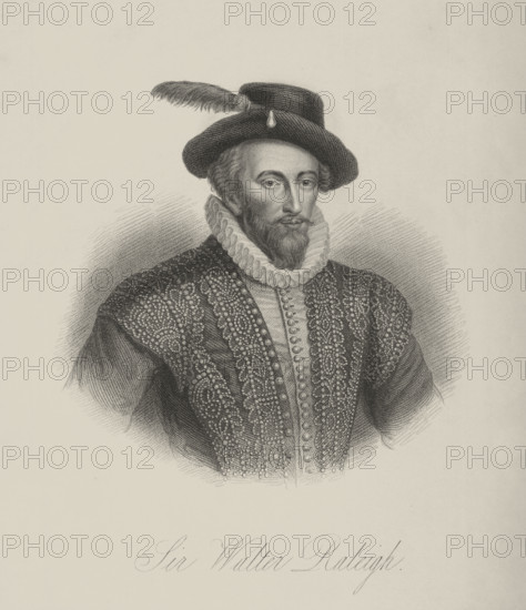 Sir Walter Raleigh, c1600, (1834-1837). Raleigh (c1552-1618) English gentleman, writer, poet, soldier, politician, Elizabethan courtier, spy and explorer instrumental in colonisation of North America. He popularised tobacco and was executed in 1618 for violating the 1604 peace treaty with Spain. Plate 4 from "Lives of Eminent and Illustrious Englishmen, from Alfred the Great to the Latest Times", Vol 2 . [Glasgow & Edinburgh, 1834-37]