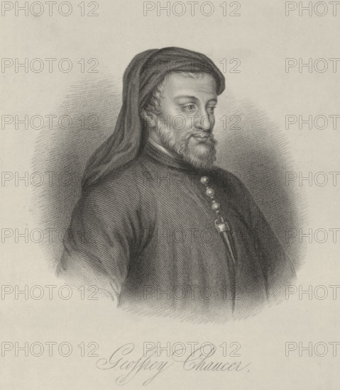 Geoffrey Chaucer, c1380-c1400, (1834-1837). Chaucer (c1343-1400) English author, poet, philosopher, bureaucrat, and diplomat. Author of "The Canterbury Tales". Plate 5 from "Lives of Eminent and Illustrious Englishmen, from Alfred the Great to the Latest Times", Vol 2. [Glasgow & Edinburgh, 1834-37]