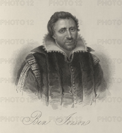 Ben Johnson, c1600-c1637, (1834-1837). English Renaissance dramatist, poet and actor Jonson (c1572-1637) is best known for his plays Volpone and The Alchemist, and for his lyric poems. Plate 1 from "Lives of Eminent and Illustrious Englishmen, from Alfred the Great to the Latest Times", Vol 4. [Glasgow & Edinburgh, 1834-37]