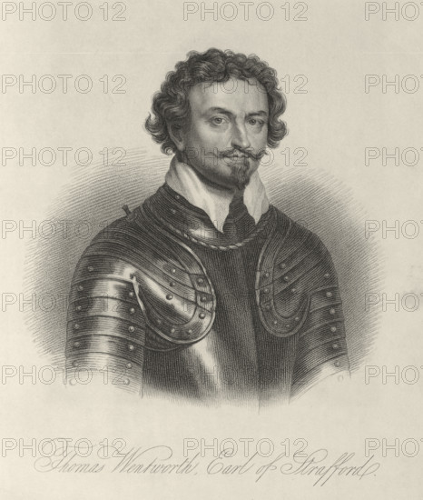 Sir Thomas Wentworth, 1st Earl of Strafford, c1630-c1640, (1834-1837). Wentworth (1593-1641) was the leading adviser of King Charles I. His attempt to consolidate the sovereign power of the king led to his impeachment and execution by Parliament. Plate 4 from "Lives of Eminent and Illustrious Englishmen, from Alfred the Great to the Latest Times", Vol 4. [Glasgow & Edinburgh, 1834-37]